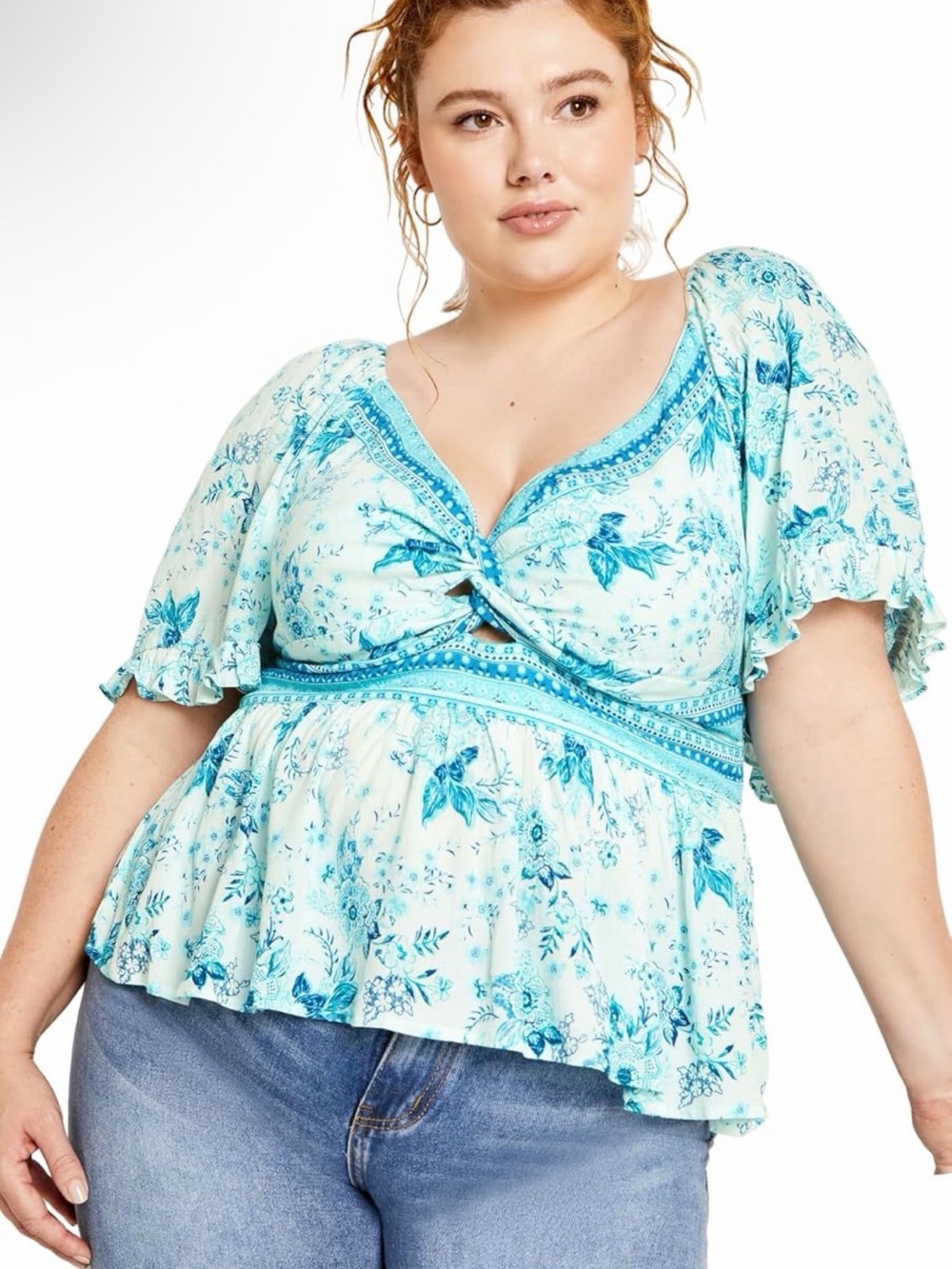 City Chic Aqua Blue Floral Twist-Front Peplum Top